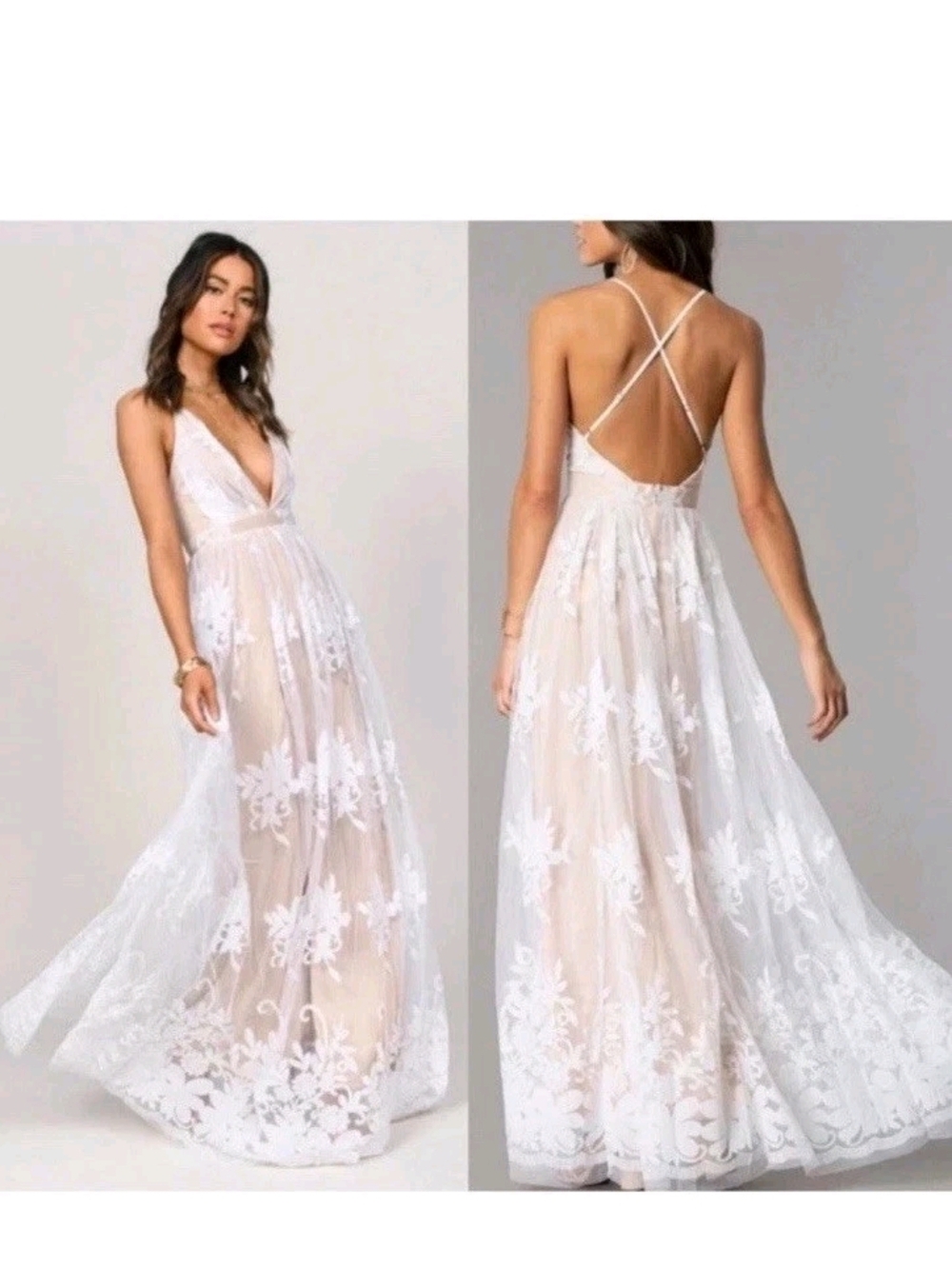 Luxxel White Floral Lace Backless Maxi Dress with Crisscross Straps